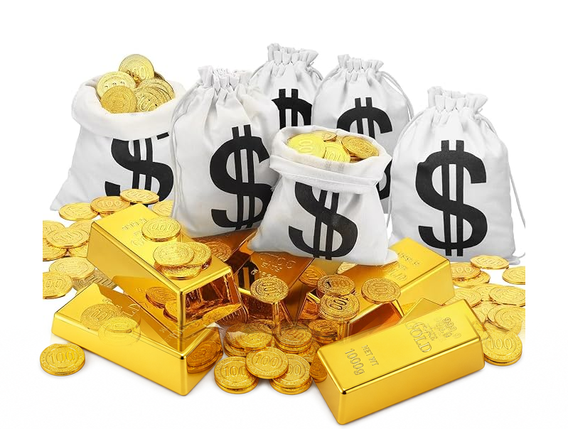 White drawstring pouches printed with a dollar sign, with gold coins and bullion bars scattered on white