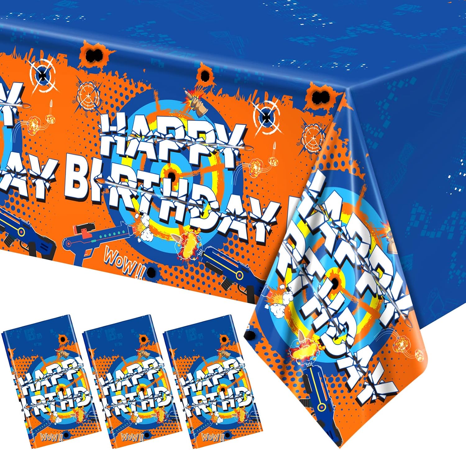 Dart War tablecloth with target rings, blasters and foam darts in blue and orange