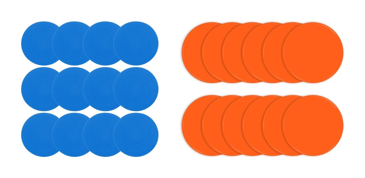 Blue and orange floor markers in two colors, laid out on white