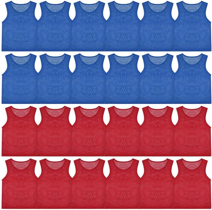 Blue and red mesh team pinnies laid out in rows