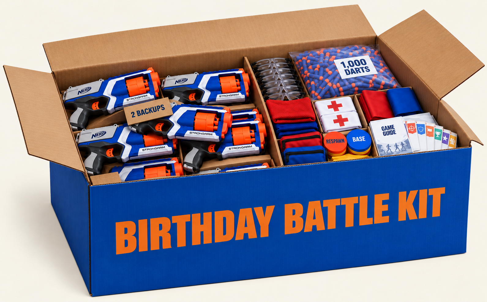 Open Birthday Battle Kit box packed with blasters, safety glasses, team pinnies, 1,000 darts, medic bands and game cards