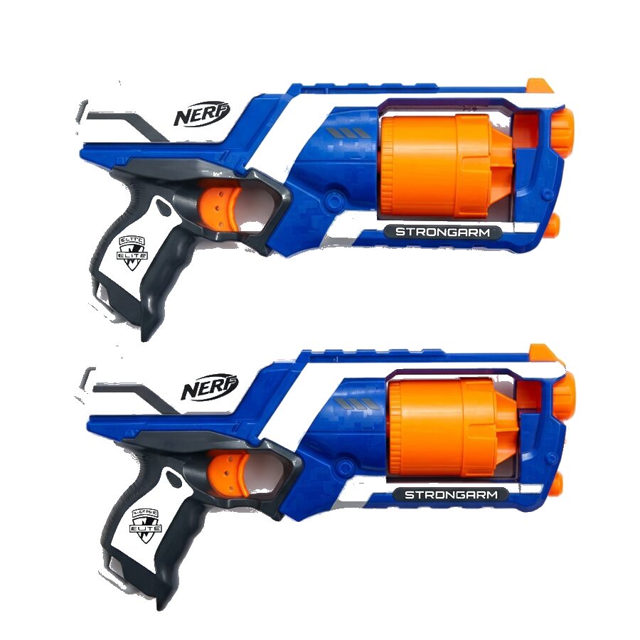 Two Nerf N-Strike Elite Strongarm blasters, fully in frame