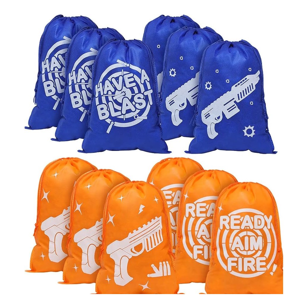 Blue and orange drawstring goody bags with Have a Blast and Ready Aim Fire prints