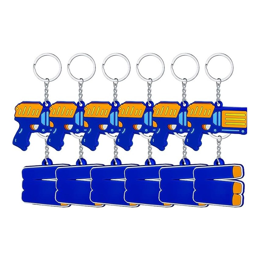 Blaster and foam dart keychains in blue and orange