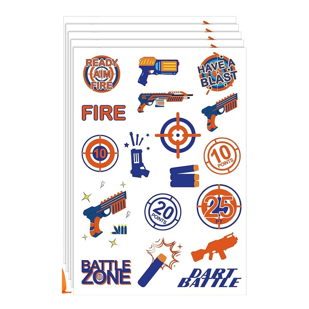 Temporary tattoo sheets with blaster, target and Dart Battle designs in blue and orange